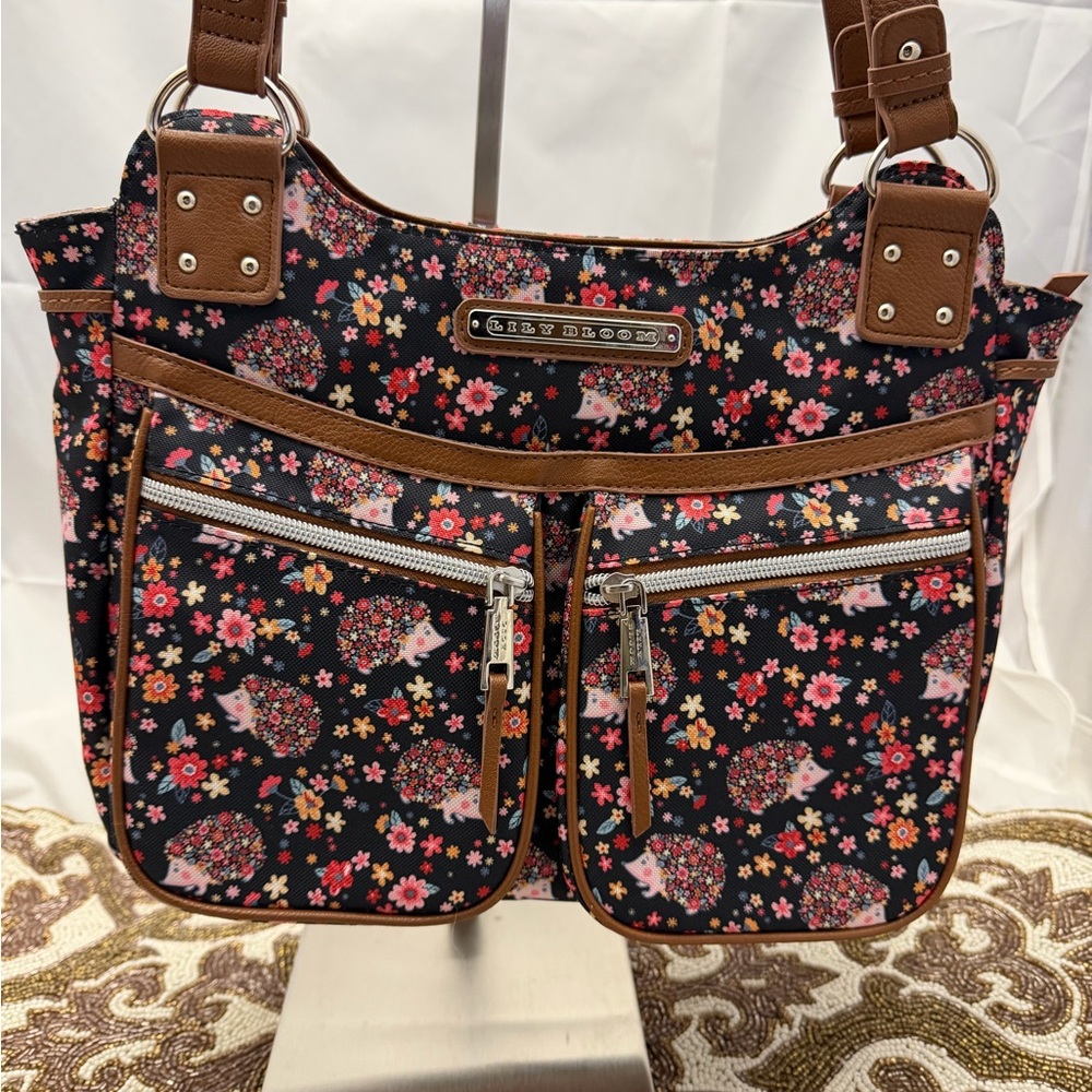 Lily Bloom Black and Brown Floral Hedgehog accents Baby Bag